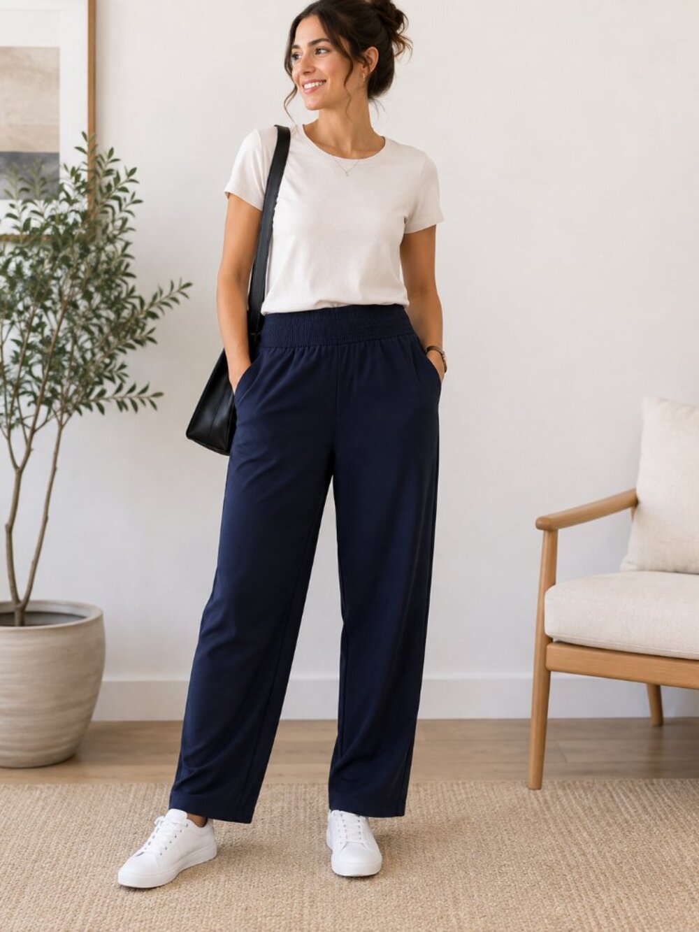 Quince Women’s Navy Pull On Tapered Pants M L Travel Work Athleisure 1360
